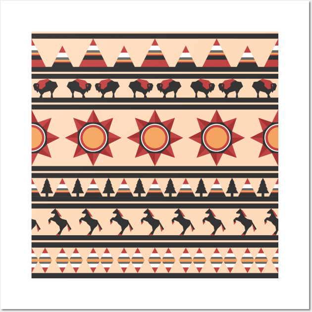 Native Indian style pattern with buffaloes and horses Wall Art by SooperYela